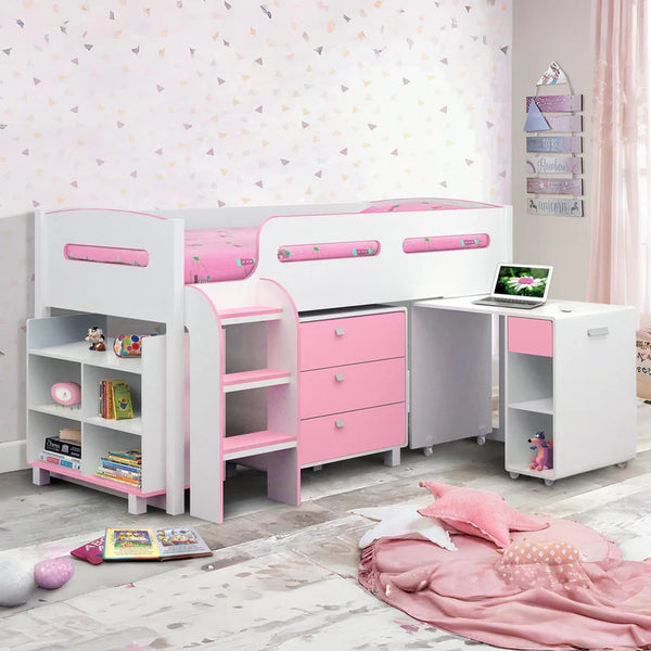 Children's room with a pink and white bunk bed, desk, and shelves.