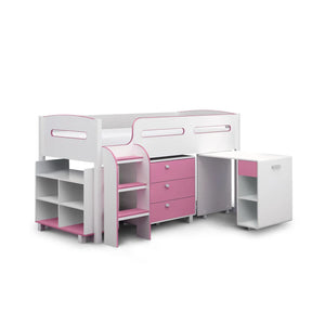 White and pink children's bed with desk and storage drawers on a white background