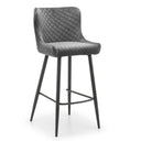 Gray quilted bar stool with black legs on a white background