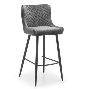 Gray quilted bar stool with black legs on a white background