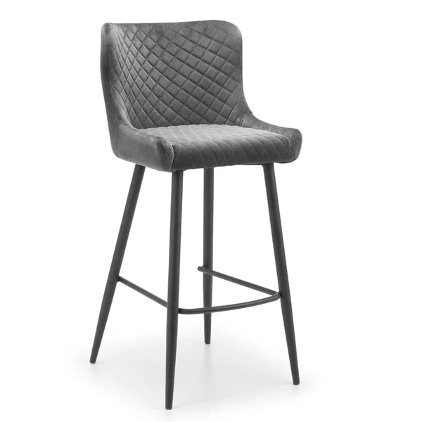 Gray quilted bar stool with black legs on a white background