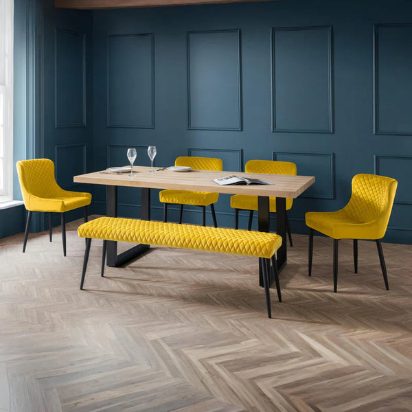 Lancaster yellow velvet bench and chairs roomshot