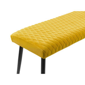 Yellow quilted bench with black legs on a white background