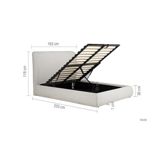 White bed with open headboard showing dimensions on a white background