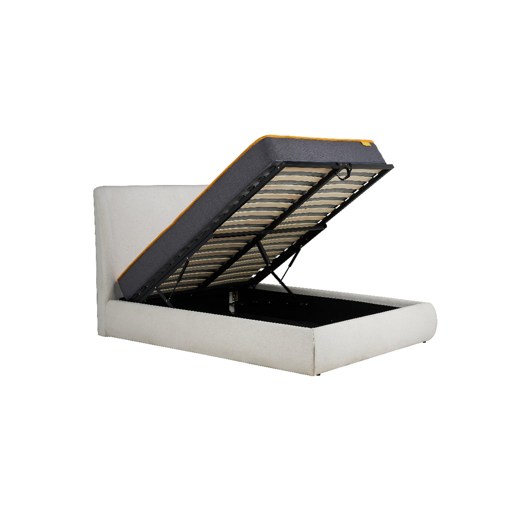White bed frame with open storage compartment on a white background