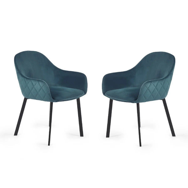 Two teal armchairs with black legs on a white background