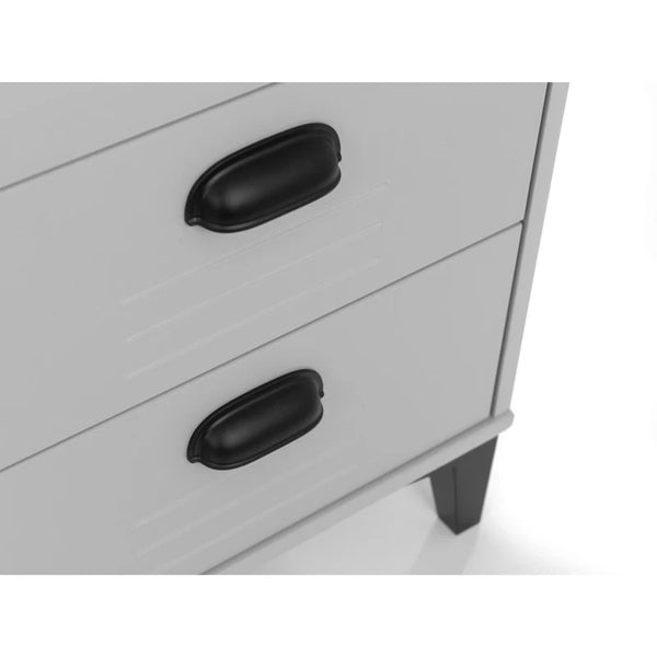 Close-up of a grey dresser with black handles on a white background