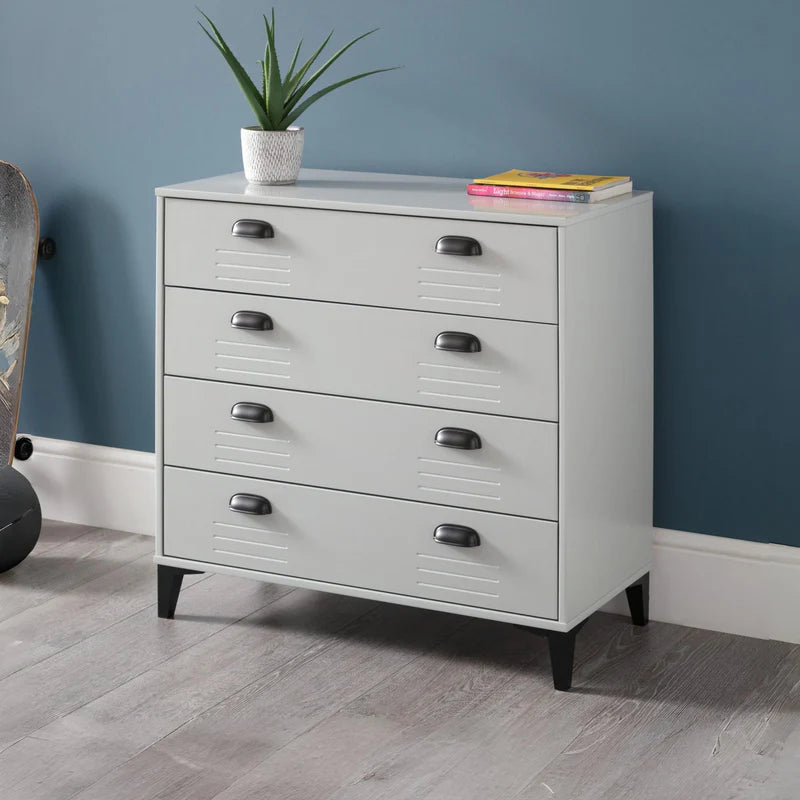Grey dresser with black handles on a white background
