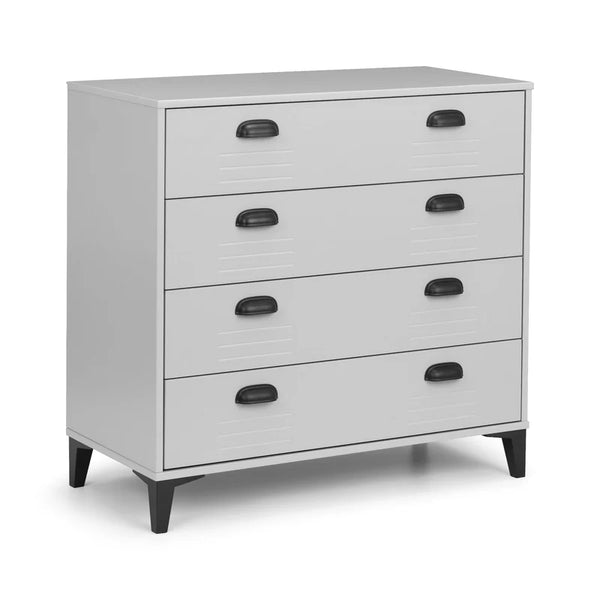 Grey dresser with black handles on a white background