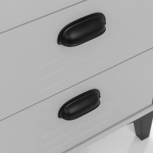 Close-up of a gray drawer with black handles on a white background