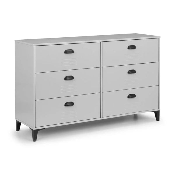 Gray dresser with six drawers on a white background