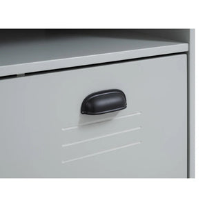 Metal filing cabinet with a black handle on a white background