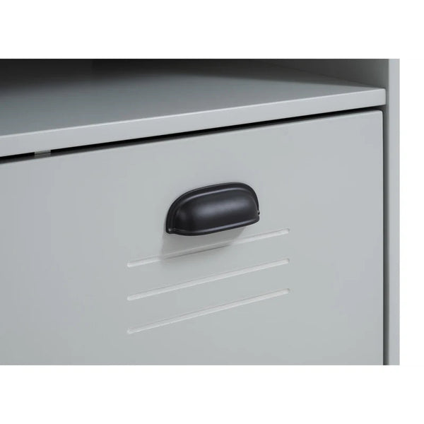 Metal filing cabinet with a black handle on a white background