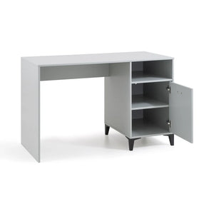 Grey office desk with an open cabinet on a white background