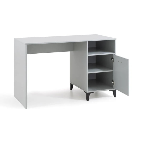 Grey office desk with an open cabinet on a white background
