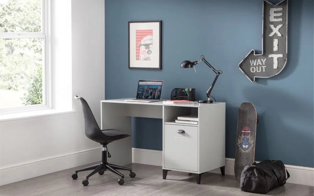 Grey office desk with a cabinet on a white background