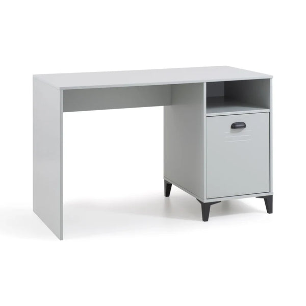 Grey office desk with a cabinet on a white background