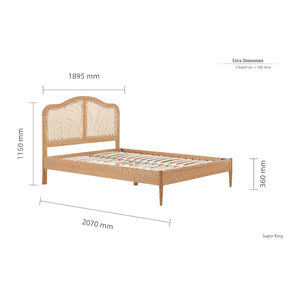 Wooden bed frame with dimensions on a white background