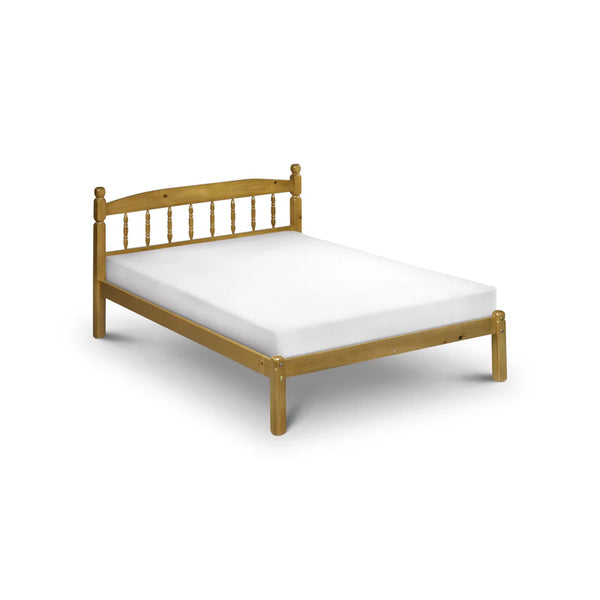 Wooden bed frame with white mattress on a white background