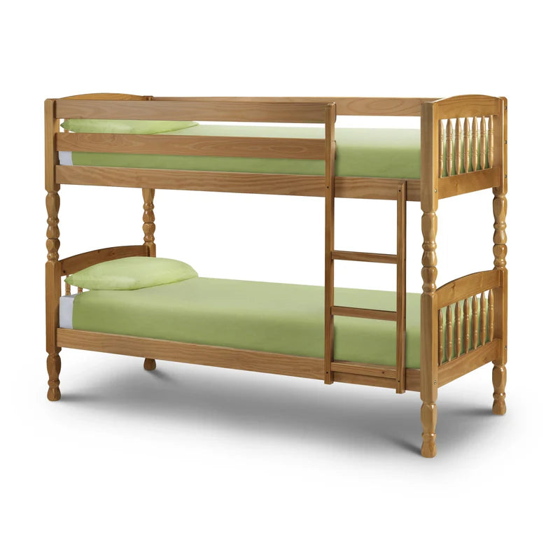 Wooden bunk bed with green mattresses on a white background