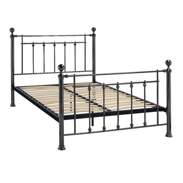 Black metal bed frame on a white background