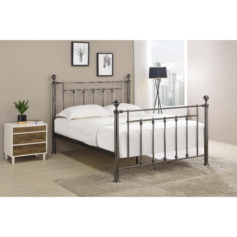Black metal bed frame on a white background