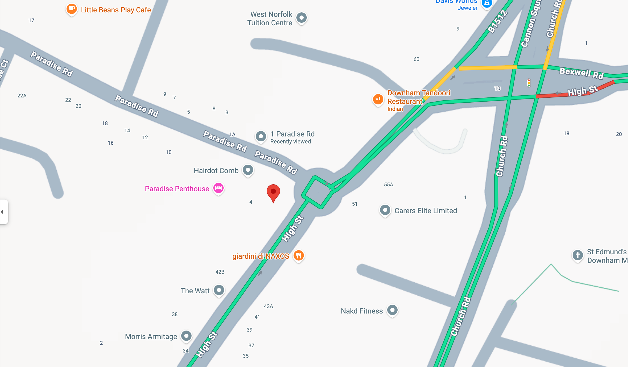 Map of a road intersection with various locations marked on it.