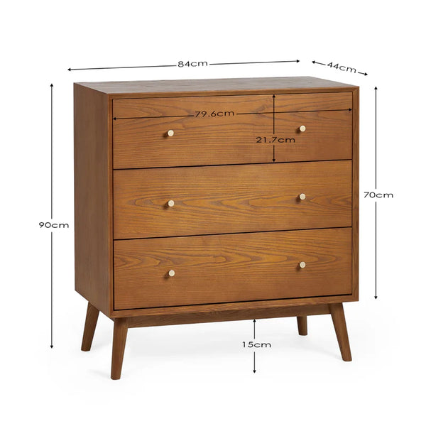 Wooden dresser with dimensions labeled on a white background