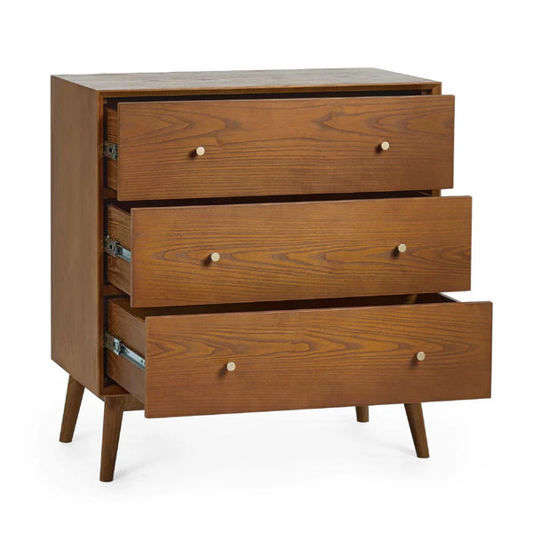 Wooden dresser with three drawers on a white background