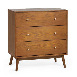 Wooden dresser with three drawers on a white background