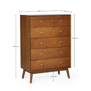 Wooden dresser with dimensions labeled on a white background