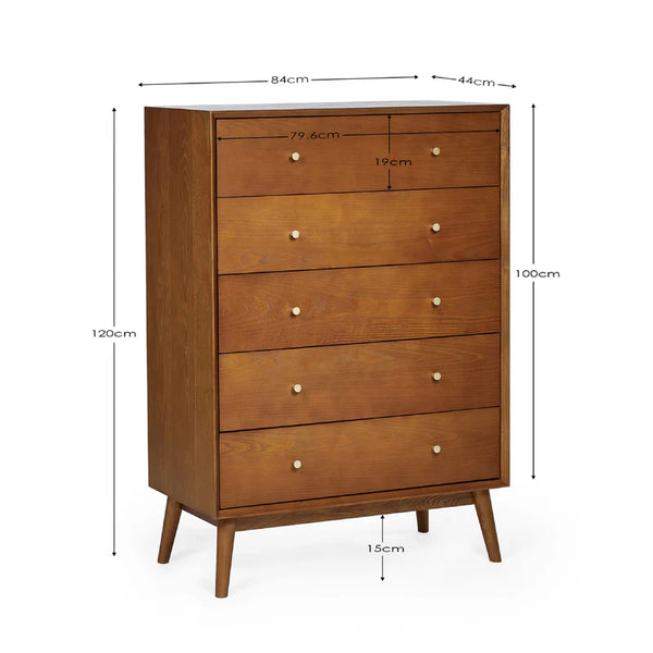 Wooden dresser with dimensions labeled on a white background