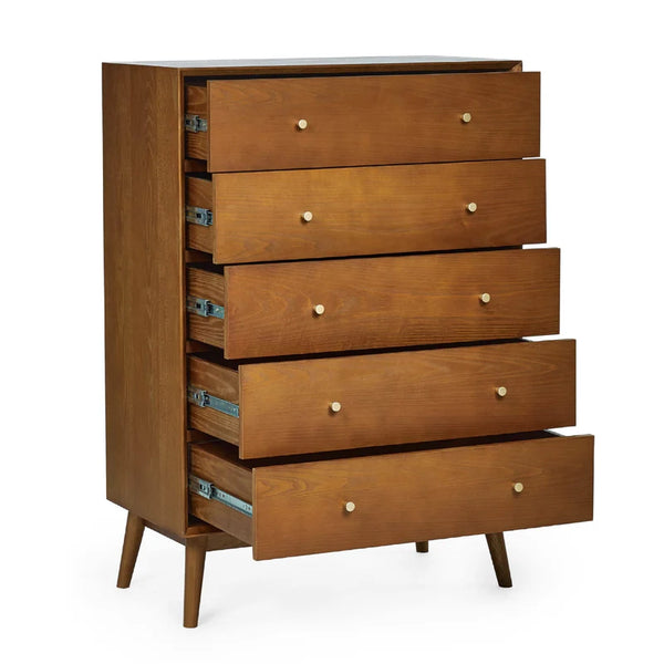 Wooden dresser with multiple drawers on a white background
