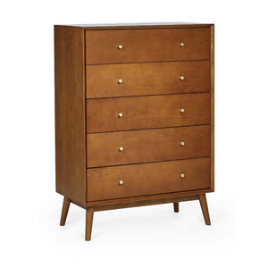 Wooden dresser with multiple drawers on a white background