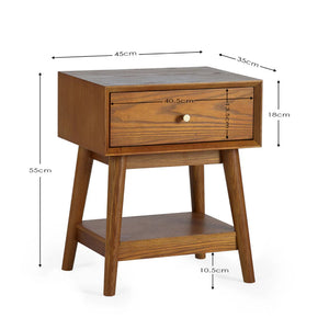 Wooden side table with dimensions labeled on a white background