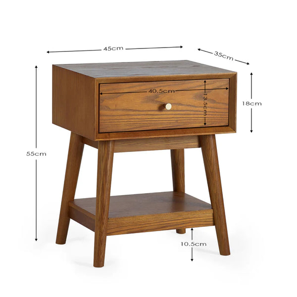 Wooden side table with dimensions labeled on a white background