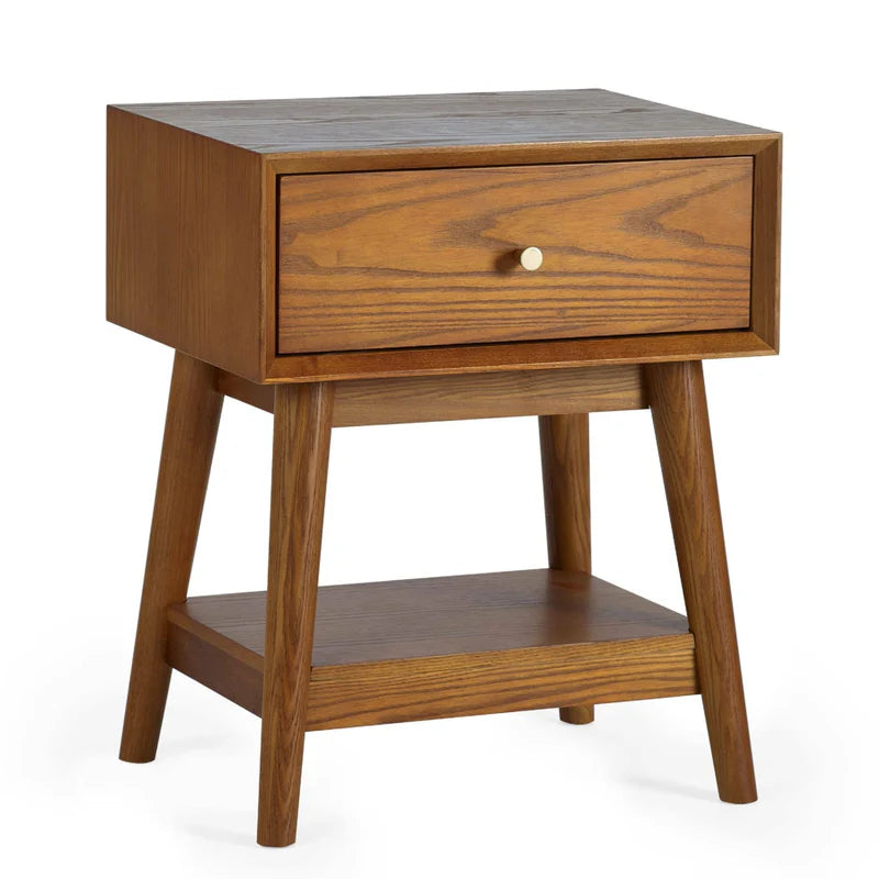 Wooden side table with a drawer on a white background