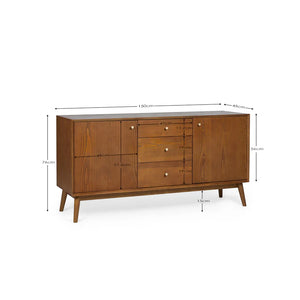 Wooden sideboard with dimensions labeled on a white background