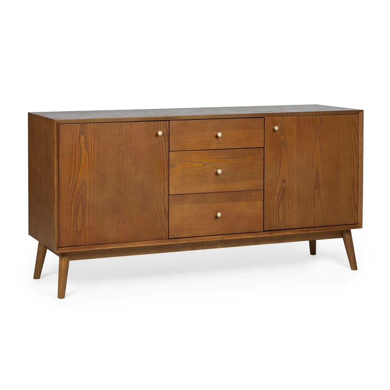 Wooden sideboard with drawers and doors on a white background