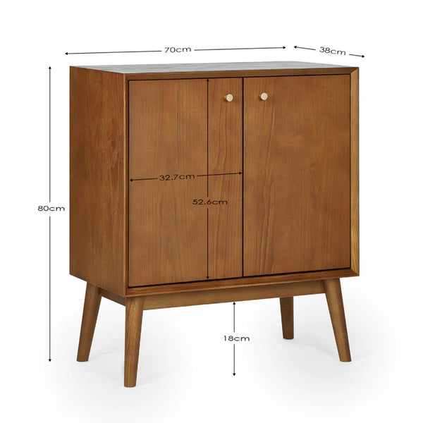 Wooden cabinet with dimensions labeled on a white background