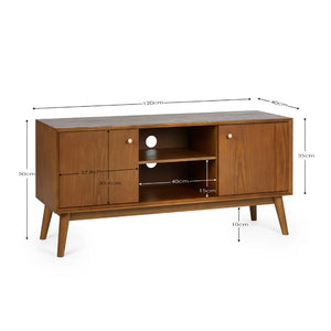 Wooden TV stand with dimensions on a white background