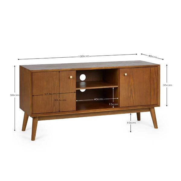 Wooden TV stand with dimensions on a white background