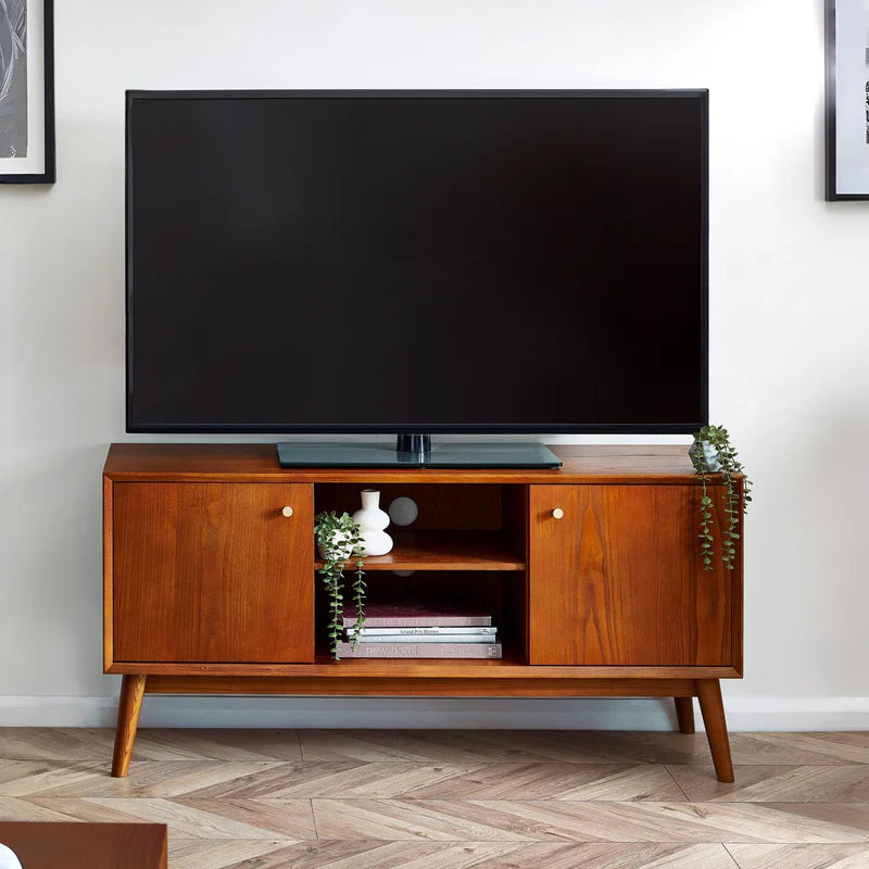 Wooden TV stand with shelves on a white background