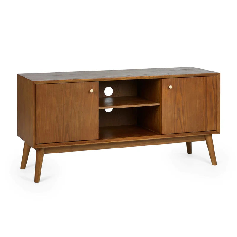 Wooden TV stand with shelves on a white background