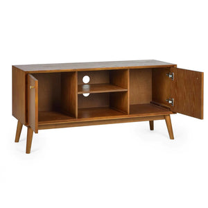 Wooden entertainment console with open doors on a white background