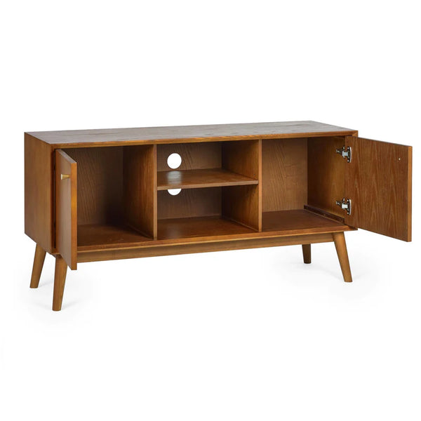 Wooden entertainment console with open doors on a white background