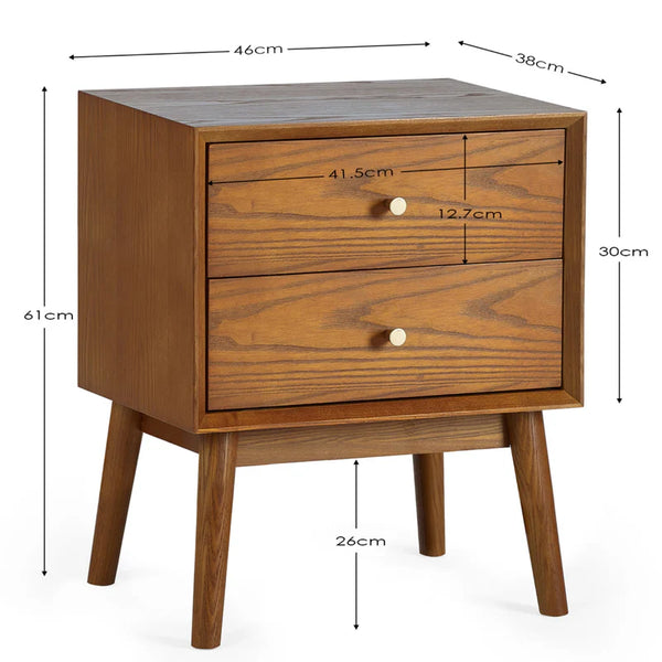 Wooden nightstand with dimensions displayed