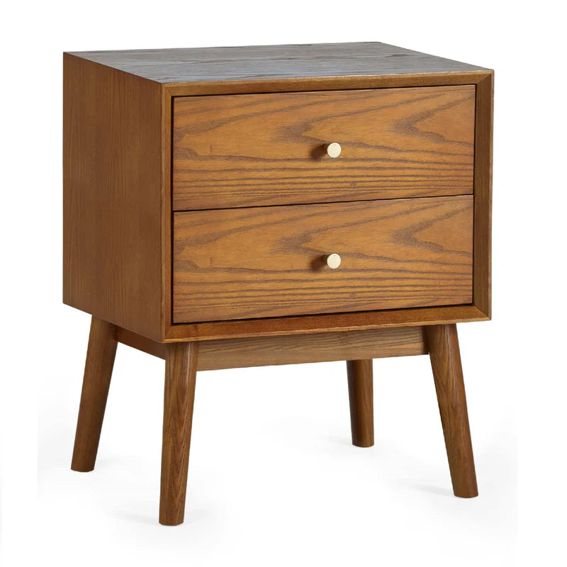 Wooden nightstand with two drawers on a white background