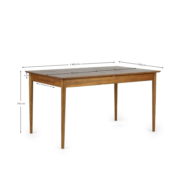 Wooden table with dimensions marked on a white background