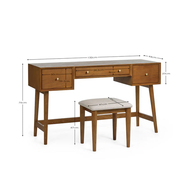 Wooden desk with dimensions on a white background